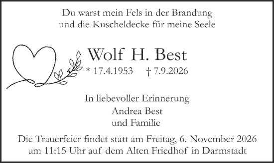 Traueranzeige von Wolf H. Best von Darmstädter Echo