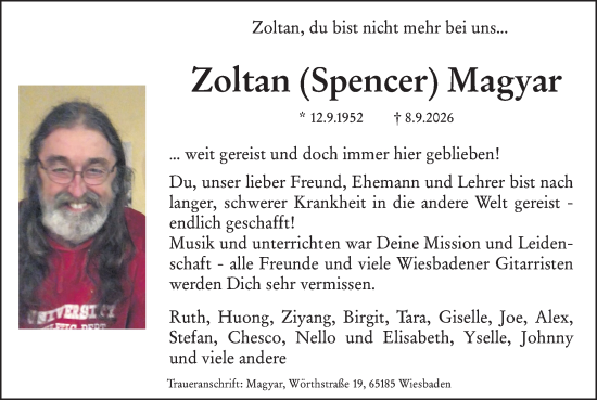 Traueranzeige von Zoltan Magyar von Wiesbadener Kurier