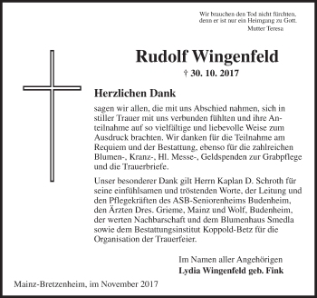 Traueranzeige von Rudolf Wingenfeld 