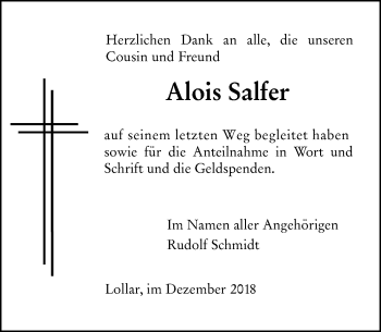 Traueranzeige von Alois Salfer von 560 Gießener Anzeiger