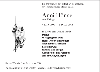 Traueranzeige von Anni Hönge von 582 Camberger Anzeiger
