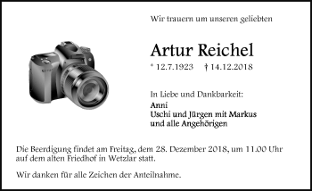 Traueranzeige von Artur Reichel von 201 WNZ - Wetzlarer Neue Zeitung (110)
