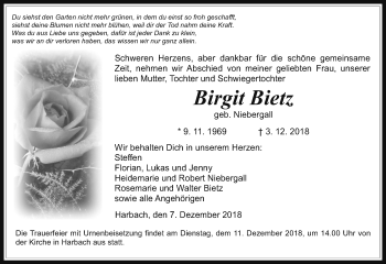 Traueranzeige von Birgit Bietz von 560 Gießener Anzeiger