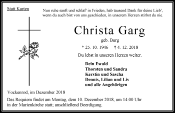Traueranzeige von Christa Garg von VRM Trauer