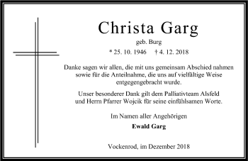 Traueranzeige von Christa Garg von VRM Trauer