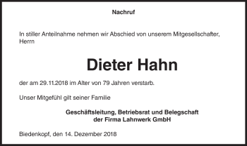Traueranzeige von Dieter Hahn von 205 HA - Hinterländer Anzeiger (130)