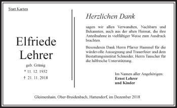 Traueranzeige von Elfriede Lehrer von VRM Trauer