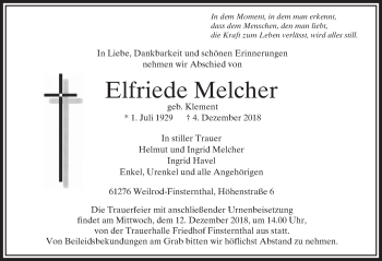 Traueranzeige von Elfriede Melcher von 564 Usinger Anzeiger