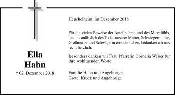 Traueranzeige von Ella Hahn von 560 Gießener Anzeiger