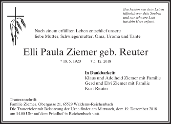 Traueranzeige von Elli Paula Ziemer von 582 Camberger Anzeiger