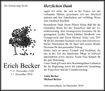 Traueranzeige von Erich Becker von 564 Usinger Anzeiger