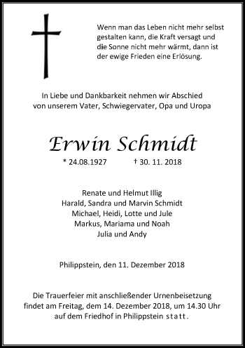 Traueranzeige von Eriwin Schmidt von  WNZ - Wetzlarer Neue Zeitung ()