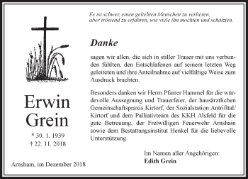 Traueranzeige von Erwin Grein von VRM Trauer