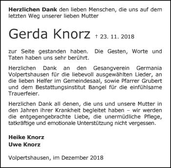 Traueranzeige von Gerda Knorz von 201 WNZ - Wetzlarer Neue Zeitung (110)