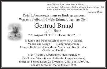 Traueranzeige von Gertrud Brand von 564 Usinger Anzeiger