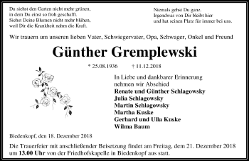 Traueranzeige von Günther Gremplewski von 205 HA - Hinterländer Anzeiger (130)