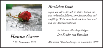Traueranzeige von Hanna Garve von 561 Kreisanzeiger