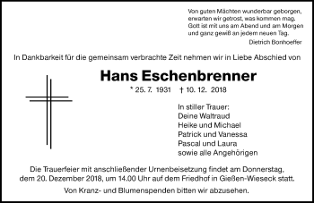 Traueranzeige von Hans Eschenbrenner von 560 Gießener Anzeiger