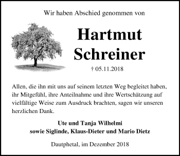 Traueranzeige von Hartmut Schreiner von 205 HA - Hinterländer Anzeiger (130)