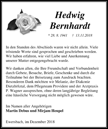 Traueranzeige von Hedwig Bernhardt von 205 HA - Hinterländer Anzeiger (130)