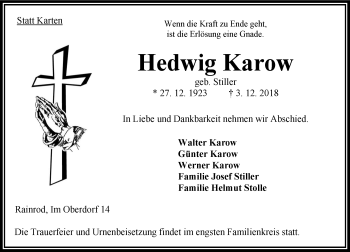 Traueranzeige von Hedwig Karow von VRM Trauer