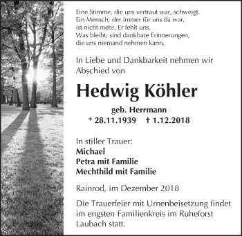 Traueranzeige von Hedwig Köhler von 561 Kreisanzeiger