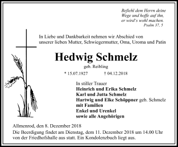Traueranzeige von Hedwig Schmelz von VRM Trauer
