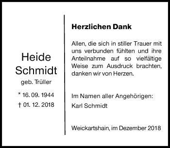 Traueranzeige von Heide Schmidt von 560 Gießener Anzeiger