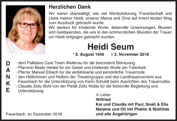 Traueranzeige von Heidi Seum von 561 Kreisanzeiger