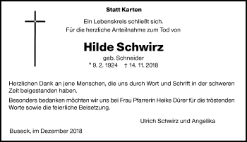 Traueranzeige von Hilde Schwirz von 560 Gießener Anzeiger