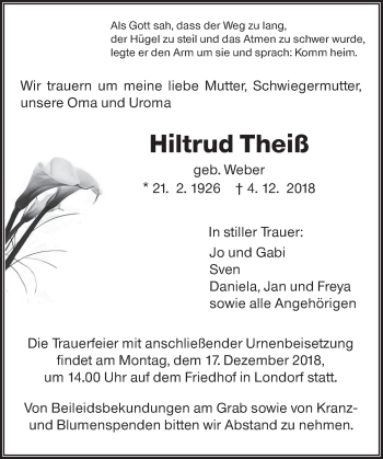 Traueranzeige von Hiltrud Theiß von 560 Gießener Anzeiger