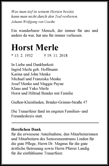 Traueranzeige von Horst Merle von 560 Gießener Anzeiger