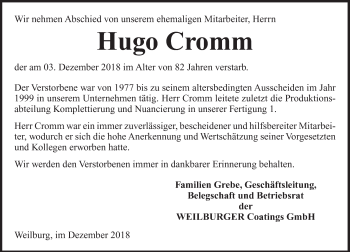 Traueranzeige von Hugo Cromm von 206 WT - Weilburger Tageblatt (140)