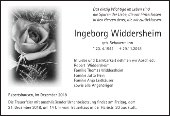 Traueranzeige von Ingeborg Widdersheim von 561 Kreisanzeiger