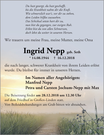 Traueranzeige von Ingrid Nepp von 560 Gießener Anzeiger