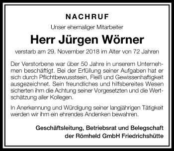 Traueranzeige von Jürgen Wörner von 560 Gießener Anzeiger