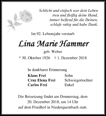 Traueranzeige von Lina Marie Hammer von 201 WNZ - Wetzlarer Neue Zeitung (110)