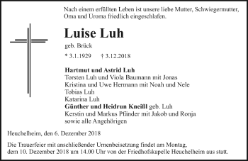 Traueranzeige von Luise Luh von 560 Gießener Anzeiger