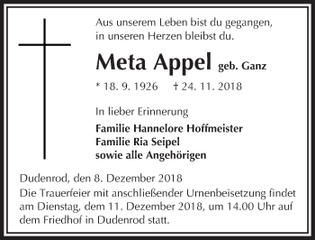 Traueranzeige von Meta Appel von 561 Kreisanzeiger