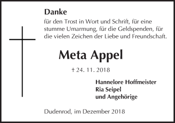 Traueranzeige von Meta Appel von 561 Kreisanzeiger