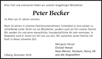Traueranzeige von Peter Becker von 561 Kreisanzeiger