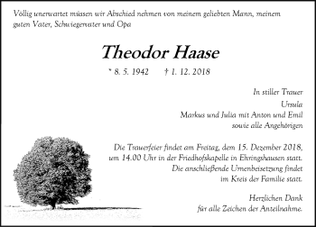 Traueranzeige von Theodor Haase von 201 WNZ - Wetzlarer Neue Zeitung (110)