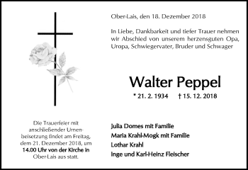 Traueranzeige von Walter Peppel von 561 Kreisanzeiger