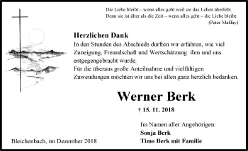 Traueranzeige von Werner Berk von 561 Kreisanzeiger