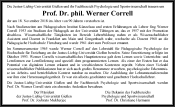 Traueranzeige von Werner Correll von 560 Gießener Anzeiger