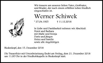Traueranzeige von Werner Schiwek von 205 HA - Hinterländer Anzeiger (130)