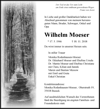 Traueranzeige von Wilhelm Moeser von 560 Gießener Anzeiger