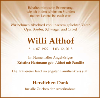 Traueranzeige von Willi Althof von 201 WNZ - Wetzlarer Neue Zeitung (110)