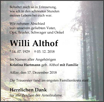 Traueranzeige von Willi Althof von 201 WNZ - Wetzlarer Neue Zeitung (110)