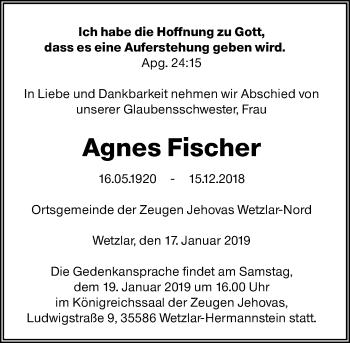 Traueranzeige von Agnes Fischer von 201 WNZ - Wetzlarer Neue Zeitung (110)